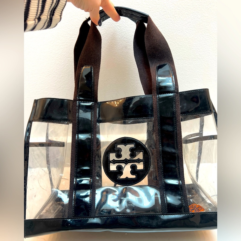 TORY BURCH Clear PVC Black Patent Leather See Through Medium Ella Tote w Pouch